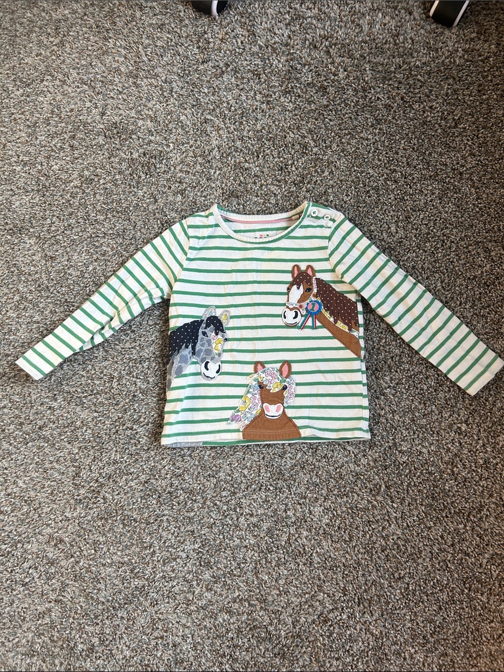 Mini Boden Green and White Striped Long Sleeve Top with Horse Appliqués